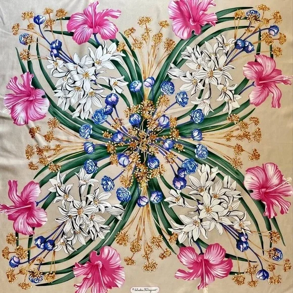 New Salvatore Ferragamo Unisex Scarf Floral Garden Flower Beige Pink Silk Wrap - Picture 3 of 9